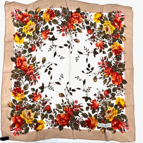 Vigt Yves Saint Laurent Mini Scarf/Handker 100% silk satin, 22"  Beige Flora (17 - Picture 3 of 6
